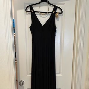 Jlo brand long black dress with gold embellishments and jewelry to match